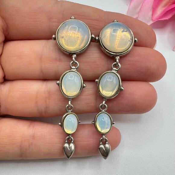 Vintage “STER” Sterling Silver Opalite Glass Cabochon Earrings Signed Tested - Picture 2 of 11